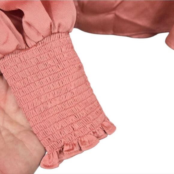 Express V-Neck Long Puff Sleeve Smocked Cuff Coral Blouse Satin Pullover Top XS - Picture 8 of 10